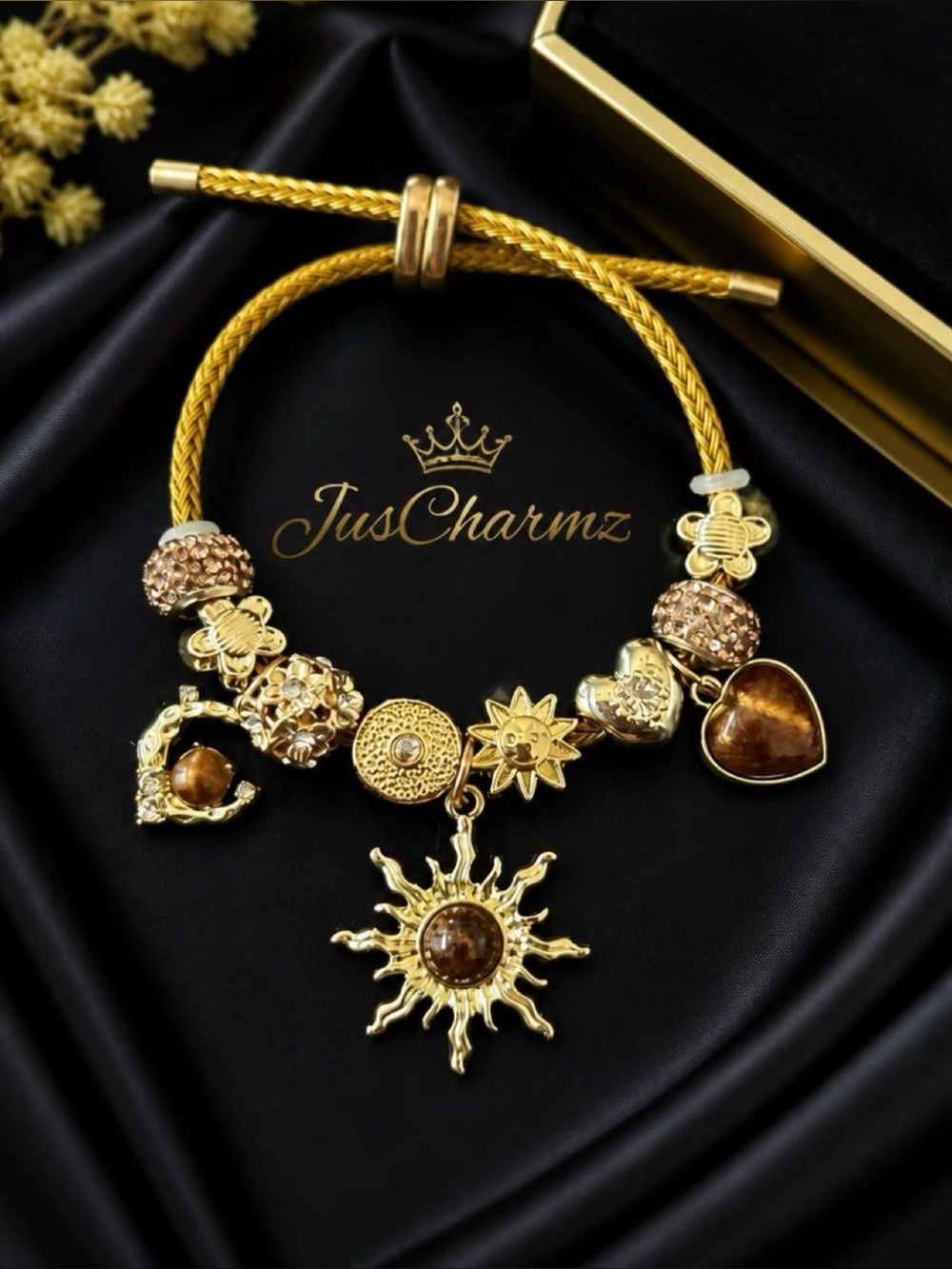 Gold Sun Charm Bracelet with Brown Gem Accents